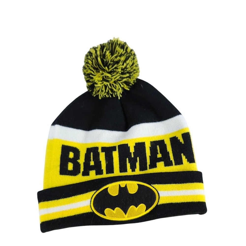 DC Comics Batman Beanie Knit Pom Pom Hat Black Yellow White Kids OS, Winter Hat